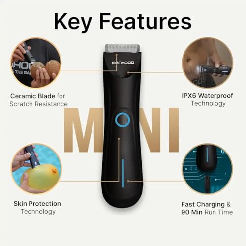 Image of MENHOOD Trimmer Mini Waterproof Private Part Pubic Hair Body Ball Groin Trimmer for Men Compact LED Spotlight Ceramic Blade IPX6 USB Rechargeable 90 Min Runtime