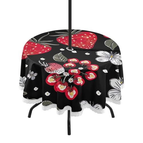 Wajiw 60 Inch Indoor Outdoor Round Tablecloth with Umbrella Hole and Zipper Waterproof Patio Table Cover for Camping Dining Room Party Outdoor Picnic,Strawberry