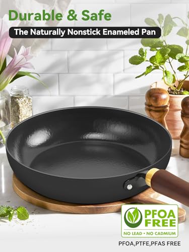 BrBrGo Enameled Carbon Steel Skillet - 9.5-Inch Nonstick Frying Pan with Stay-Cool Wooden Handle, Non-Toxic, PTEE & PFOA Free Oven-Safe - Image 2
