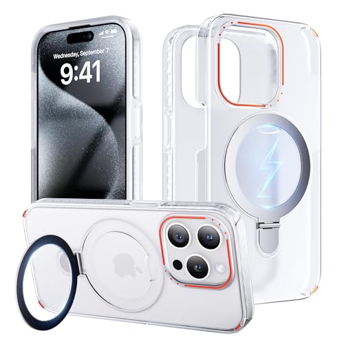 QTlier for iPhone 15 Pro Case, Dual Layer Case with Ring Stand [Military-Grade Protection] [Compatible with MagSafe] Hard and Soft Case for iPhone 15 Pro 6.1", Translucent White
