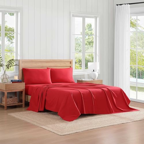 Image of Tommy Hilfiger - Sheet Set, Cotton Percale Bedding with Matching Pillowcases, Crisp & Cool, Solid Home Essentials (Red, Full)