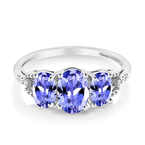 Gem Stone King 10K White Gold Blue Tanzanite and Diamond Accent 3-Stone Engagement Ring for Women | 1.67 Cttw | Oval 7X5MM and 6X4MM | Gemstone Birthstone | Available In Size 5, 6, 7, 8, 92