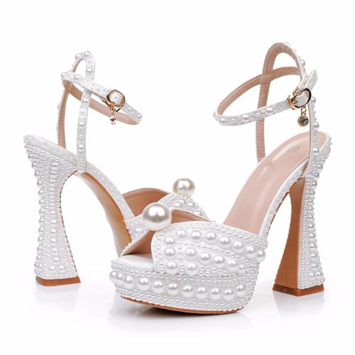 Crystal Queen 13CM Block Heel Paltform Sandals Chunky Heels Pretty Lolita Shoes Princess Round Toe Pumps Mary Jane Evening Party White Pearls Wedding Bride Shoes3
