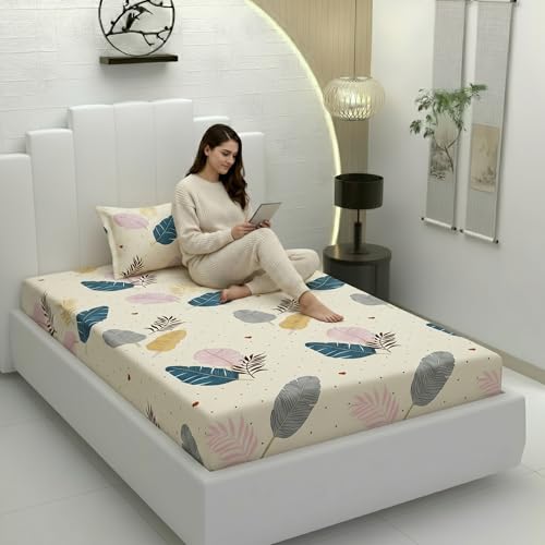 Image of Filymore Single Fitted Bedsheet with 1 Pillow Cover | Cream Leaf Print Bed Sheet for Single Bed | 240 TC Soft Microfiber Elastic Fitted Bedspread Size 72 x 36 Inch | Blue & White