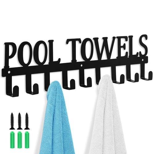 Pool Towels Hook Metal Towel Hanger Outdoor Hot Tub Towel Rack Wall Mount 9 Hook Holder for Bath Towel Robe Swimsuit Coat Beach Towel Bag Keys