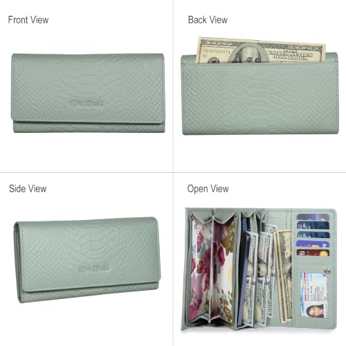 Image of Women's Top Grain Leather Wallet, RFID Blocking Bifold clutch, 17 Card Slots, Zip Pocket Organizer, Elegant Gift for Women - Birthday, Valentine, Anniversary - Croco Mint Green