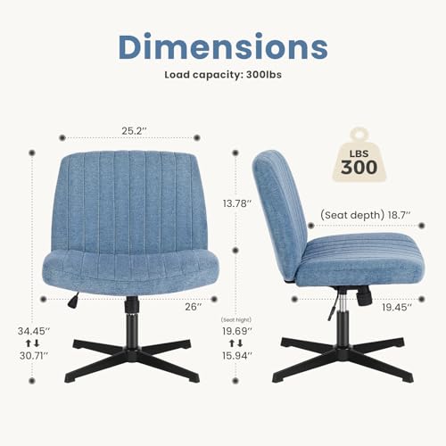 Image of DUMOS Criss Cross Chair No Wheels Legged Office Wide Comfy Desk Vanity Chair, Armless Computer Task Seating, Swivel Home Height Adjustable for Bedroom, Study, Fabric, Blue No Wheel
