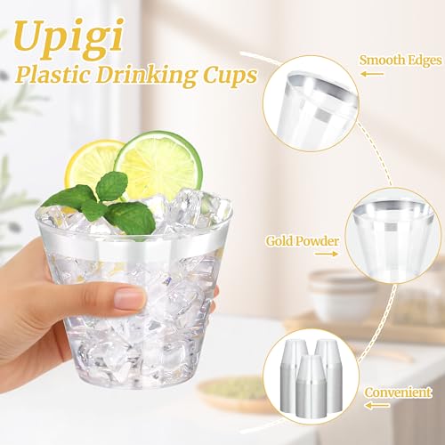 Image of 100 Pcs Silver Plastic Cups,9Oz Silver Rimmed Plastic Cups,Heavy Duty Clear Disposable Plasitc Cocktail Tumblers Wine Cup for Party,Wedding,Birthday,Christmas