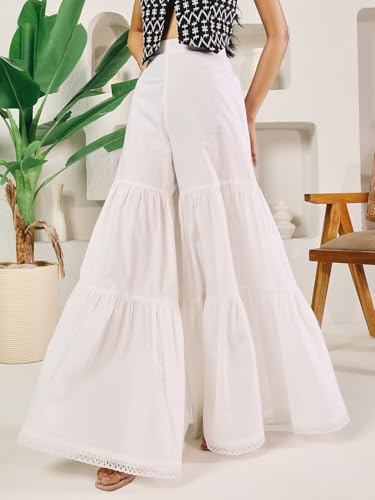 Image of FIORRA Women Relaxed Fit White Cotton Tiered Sharara