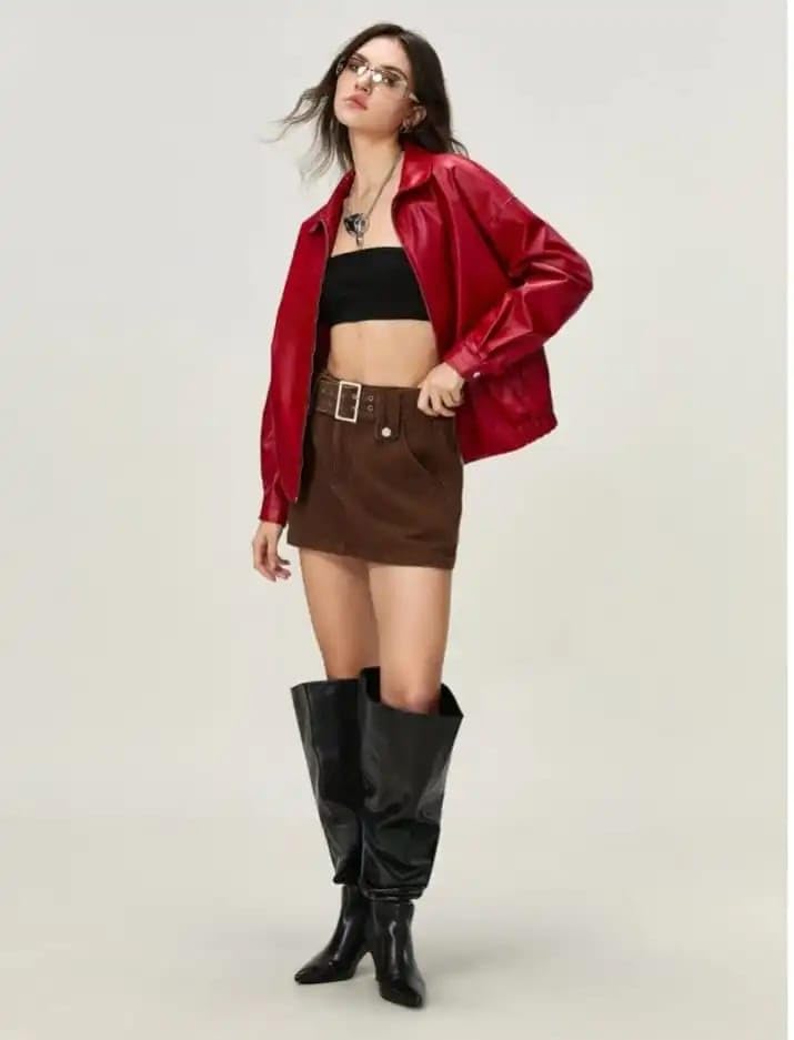 Image of Red Faux Leather Jacket for Women, PU Leather Biker Style Zip-Up Outerwear, Casual Party Winter Wear