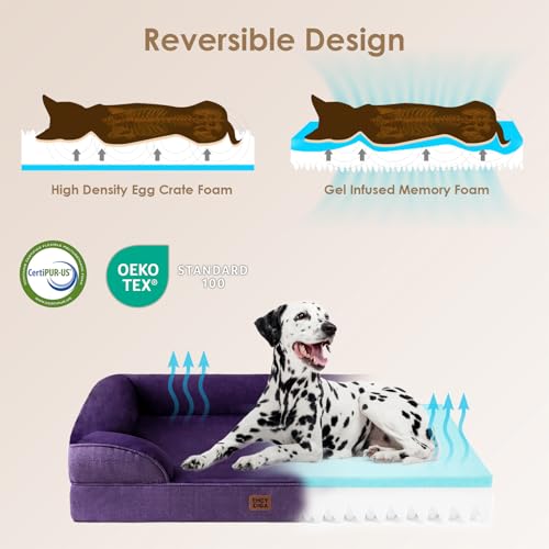Image of EHEYCIGA Orthopedic Dog Bed for Large Dogs, Waterproof Memory Foam With Sides, Non-Slip Bottom, Egg-Crate Foam Couch, Washable Removable Cover, Purple