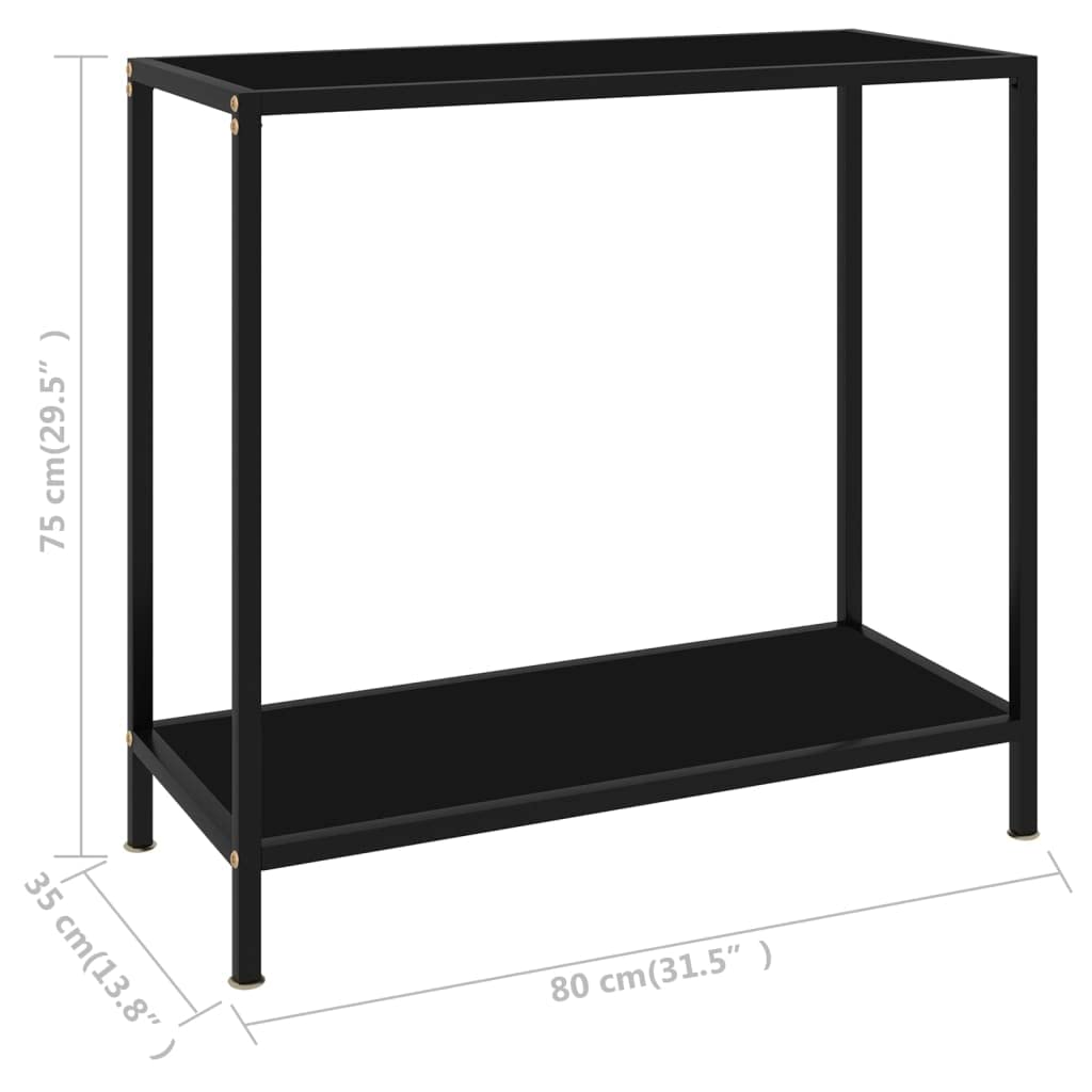 Stolik konsolowy, czarny, 80 x 35 x 75 cm, szkło hartowane, stal malowana proszkowo, nowoczesny design, wytrzymały stolik pomocniczy do korytarza, salonu, dodatkowe miejsce do przechowywania