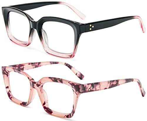 Image of REAVEE 2 Pack Oversized Reading Glasses for Women Men Blue Light Blocking, Ladies Stylish Retro Square Large Computer Readers (Black Pink /Pink Leopard 2.25x)