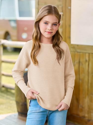 Haloumoning Girls Fall Sweater Kids Fashion Long Sleeve Ribbed Knit Split Pullover Tops 5-14Y2