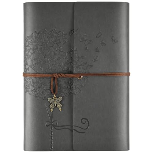 OMEYA Leather Journal Notebook, Refillable Writing Journal Diary Planner for Women Girls (Grey, A5-9.3''×6.3'')