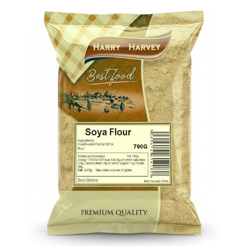 Harry Harvey Harina de soja 700 g, polvo de soja seca, Harry Harvey - Alta proteína, añade nutrición a tu cocina, tratada térmicamente, tostada, sabor a nuez