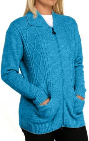 EFTINAN Women's Zip Up Cable Knit Long Sleeves Cardigan Ladies Chunky Knitwear Winter Classic Zip Through Jumper with Pockets UK S-XXL (UK, Alpha, XXL, Regular, Regular, Aqua)