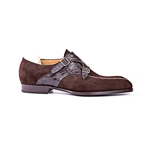 Costoso-Italiano-Goodyear-Welted-Eastbourne-Mens-Brown-Croc-Print-Leather-Suede-Formal-Slip-On-Buckle-Monk-Strap-Shoes-with-Violin-Leather-Sole