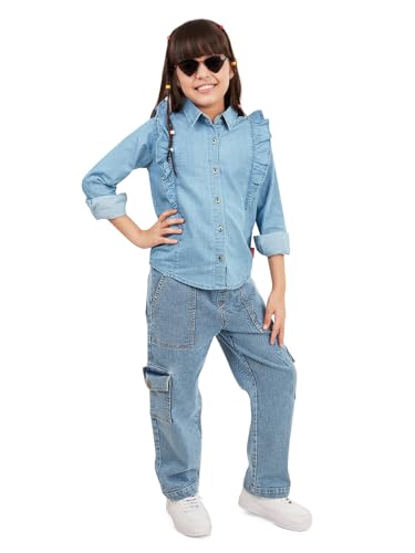 Image of olele Girls Full Sleeve Ruffles Cotton Linen Shirt - White for 4 to 14 Years | Kids Girl White Shirt | White Ruffle Shirt for Girls | Shirt Jeans