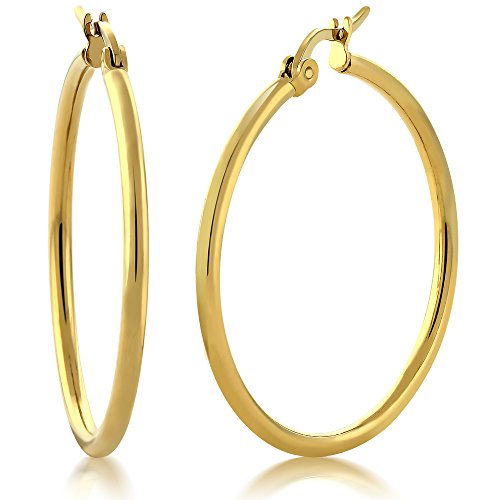 Gem Stone King 1.25 Inch Stunning Stainless Steel Yellow Gold Plated Hoop Earrings (30MM Diameter)
