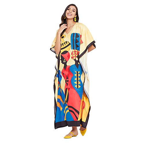 Oussum Women Polyester Casual Kaftan Long Plus Size Summer Beach Caftan Cover Ups Maxi Dresse for Ladies (Multicolor Lady Printed Caftan)
