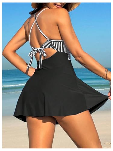 SHENHE Women's Cut Out One Piece Swimsuit Swimdress Striped Tummy Control Skirt Bathing Suit3