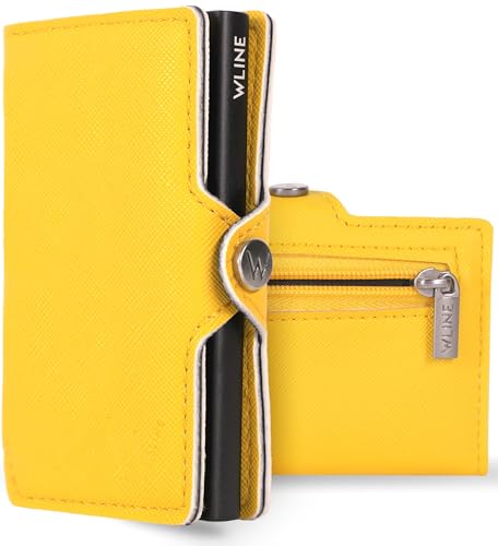 WLine Cartera para hombre Slim con monedero RFID compacta y elegante – Tarjetero para hombre y mujer blindado de piel sintética – Tarjetero hombre de bolsillo, Amarillo Y Negro Saffiano, Con Zip