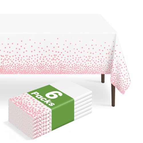 LIKAJON 6 Pack Disposable White and Pink Dot Tablecloth, 54 x 108 Inch