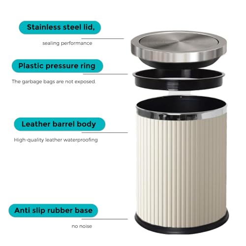 Image of 4 Gallon Bathroom Trash Can with Swing Lid, White Silver Leather Garbage Can, Modern, Large, Big Waste Basket, for Bedroom Kitchen Powder Room Toilet (15L Elegant White)
