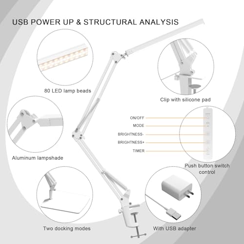 Image of TROPICALTREE LED Desk Lamp with Clamp and Round Base,Eye Caring Table Lamp with Swing Arm,3 Color Modes 10 Brightness Levels,Memory Function,Desk Light for Home Office with USB Adapter White-14W