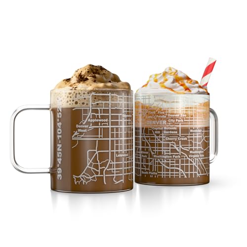 Greenline Goods Denver CO Map Glass Coffee Mugs (Set of 2)