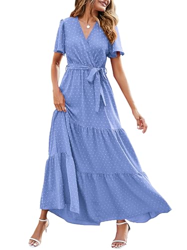 Image of MASCOMODA Women Boho Swiss Dot Maxi Dresses Wrap V Neck Flutter Short Sleeve Solid Tie Waist A Line Tiered Flowy Long Dresses