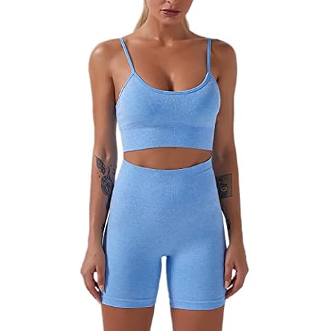 Women's Seamless Yoga Outfits 2 Piece Workout Athletic Tummy Control High Waist Running Biker Shorts and Sport Bra Sets Sportwear Gym Clothes Blue Small Cover