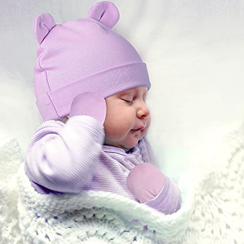8 Pieces Newborn Baby Hats And Mittens Set Bear Ears Beanies No Scratch Mittens (White, Pink, Purple, Light Blue) #TOP4