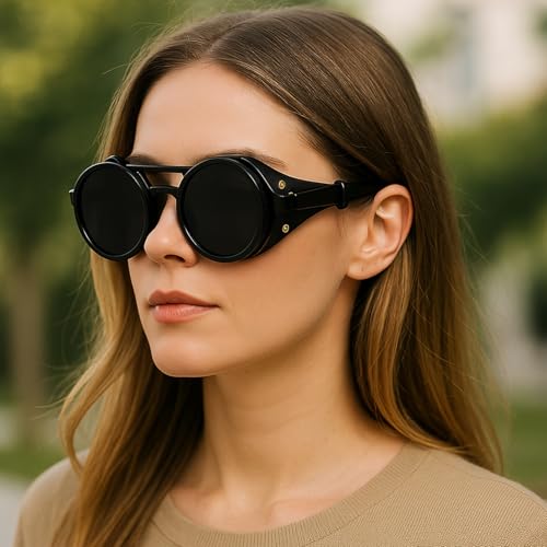 Adjustable Tint Steampunk Sunglasses – ND Filter, UV400 Polarized – Retro Round Shades, Leather Side Shields2
