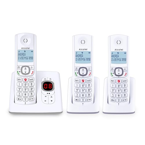 ALCATEL F530 Voice Trio - Téléphone Fixe Sans Fil DECT Avec Répondeur - Grand Écran Rétroéclairé - Haut-Parleur - Fonction Blocage Des Appels - 2 Touches De Mémoires Directes - 3 Combinés - Blanc/Gris