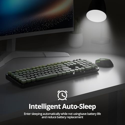 Image of Guffercty kred Dark Green Keyboard and Mouse Wireless, Retro Typewriter Cute Colorful Wireless Keyboard Full-Size 2.4GHz with Round Keycaps for Desktop Laptop and PC(Black Green)