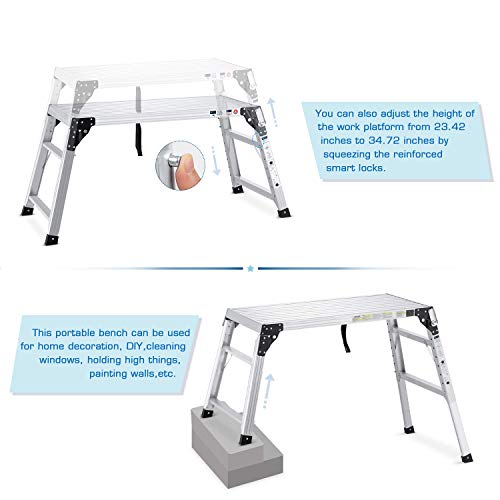 Aluminum Work Platform Adjustable Height 24 to 35 inches Support 330 lbs Portable Folding Stool Ladder Non Slip