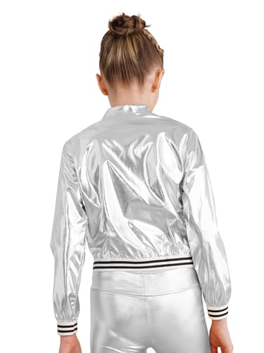 Aislor Kids Girls Shiny Baseball Jacket Long Sleeve Sparkle Metallic Zipper Bomber Jacket Coat Outerwear Clubwear2
