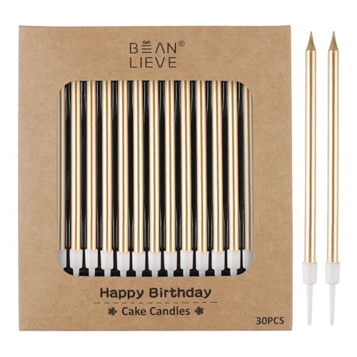 BEAN LIEVE 30-Count Champagne Gold Long Thin Metallic Birthday Candles Cake Candles Birthday Parties Wedding Decorations Party Candles Cake Decorations