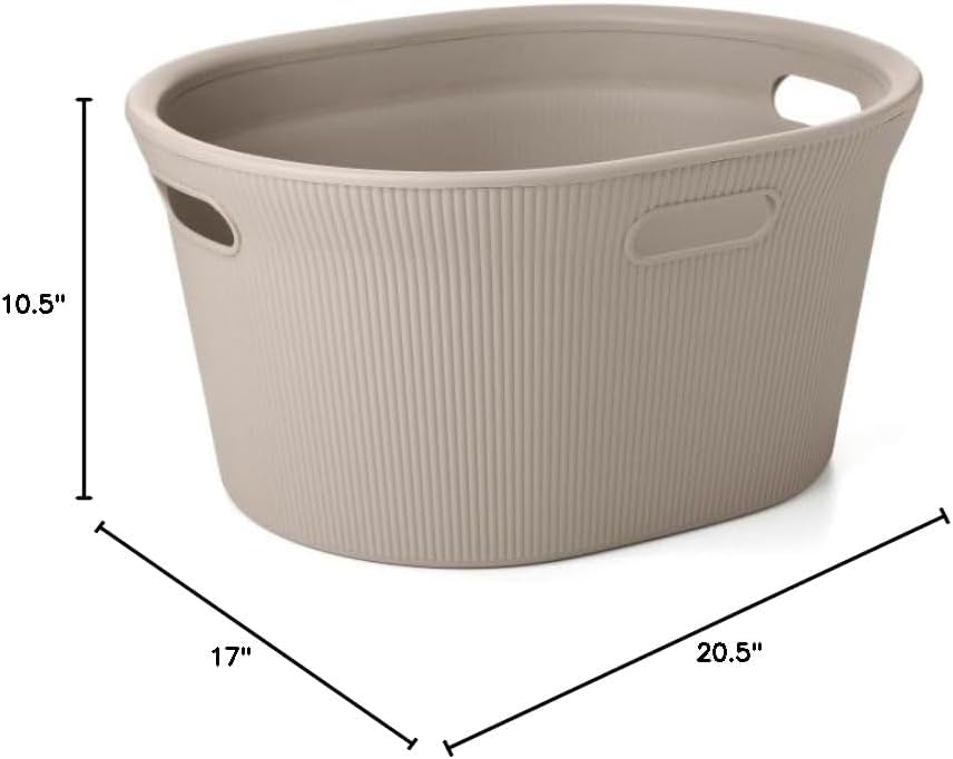 Image of Superio Ribbed Collection - Decorative Plastic Laundry Basket with Cut-Out Handles, Taupe (1 Pack) Hamper Organzier for Bedroom Bathroom College Dorm Room 35 Liter