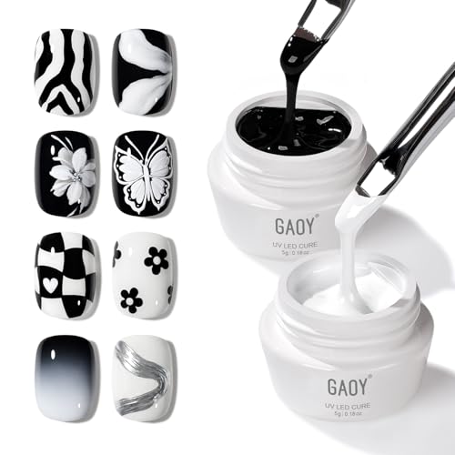 GAOY Black & White Painting Gel for Nail Art No Wipe Creamy Gel Polish for Lines Floral Designs Patterns or French Nail Salon and Home DIY UV Light Cure