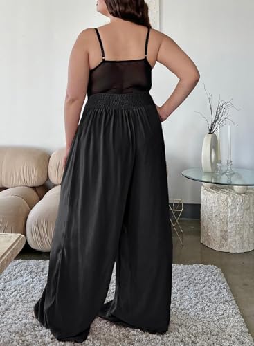 Eytino Women Plus Size Wide Leg Pants Casual Loose Smocked High Waisted Lounge Pajama Palazzo Pants(1X-5X)2