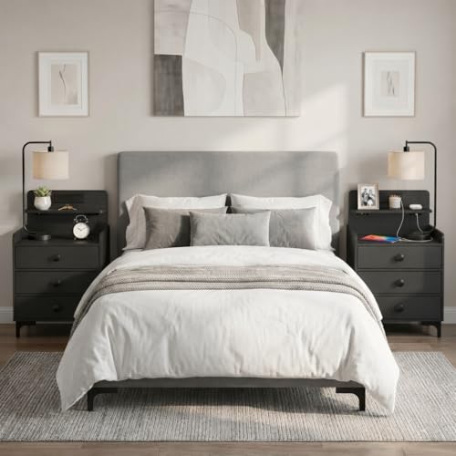 Image of Rreyet 29 inch Nightstand Set of 2, 3 Drawers, Black | Charging Station, Button Handle, Smooth Sliding, Enhanced Storage, For Bedroom, Sofa Side