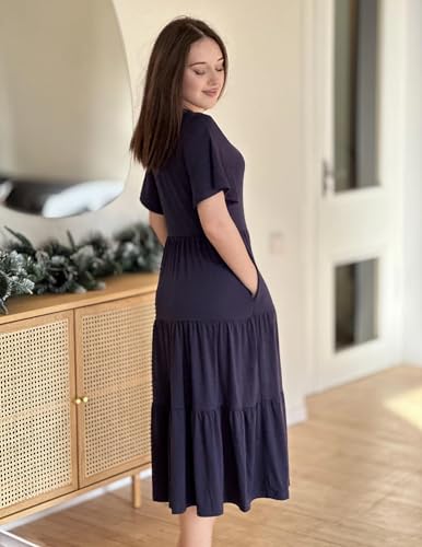 Image of Zeagoo Women's Summer Flowy Midi Dress Casual Flutter Sleeve O Neck Tiered Beach Sundress Short Sleeve Dress Navy Blue