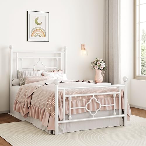 Image of SHA CERLIN 14 Inches Twin Size Metal Platform Bed Frame /Vintage Iron-Art Headboard and Footboard /Mattress Foundation for Storage /No Box Spring Needed /Noise-Free /Easy Assembly /White