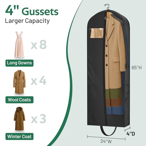 KEETDY 65" Long Garment Bags for Travel 4" Gusseted Dress Bag for Hanging Clothes Cover 3 Packs Clothing Protector for Closet Storage for Gowns, Coats, Black4