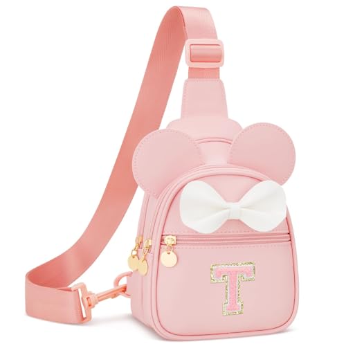 Image of Initial Sling Bag Crossbody Purse for Kids Girls Age 3-8 | Personalized Initial Gift, Soft Vegan Leather, Adjustable Strap & 3 Pockets for Kids Girls 3-8, Pink T