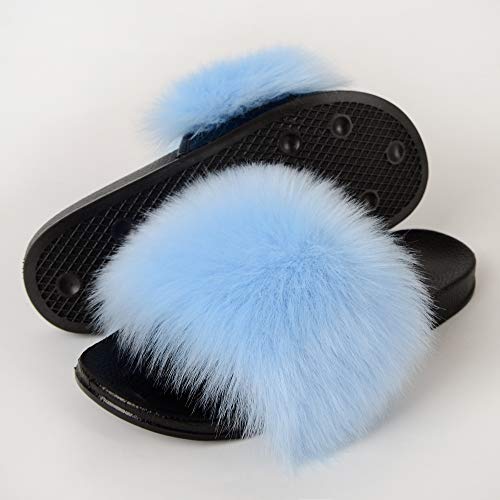 Image of MH Bailment Womens Furry Fluffy Slippers Faux Fur House Slippers Open Toe Fuzzy Slides Soft Flat Slip On Sandals for Indoor Outdoor