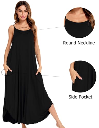 SWOMOG Women Long Nightgown Pajama Dress Soft Strap Nightdress Summer Sleeveless Nightshirt Lounge Dress with Pockets3